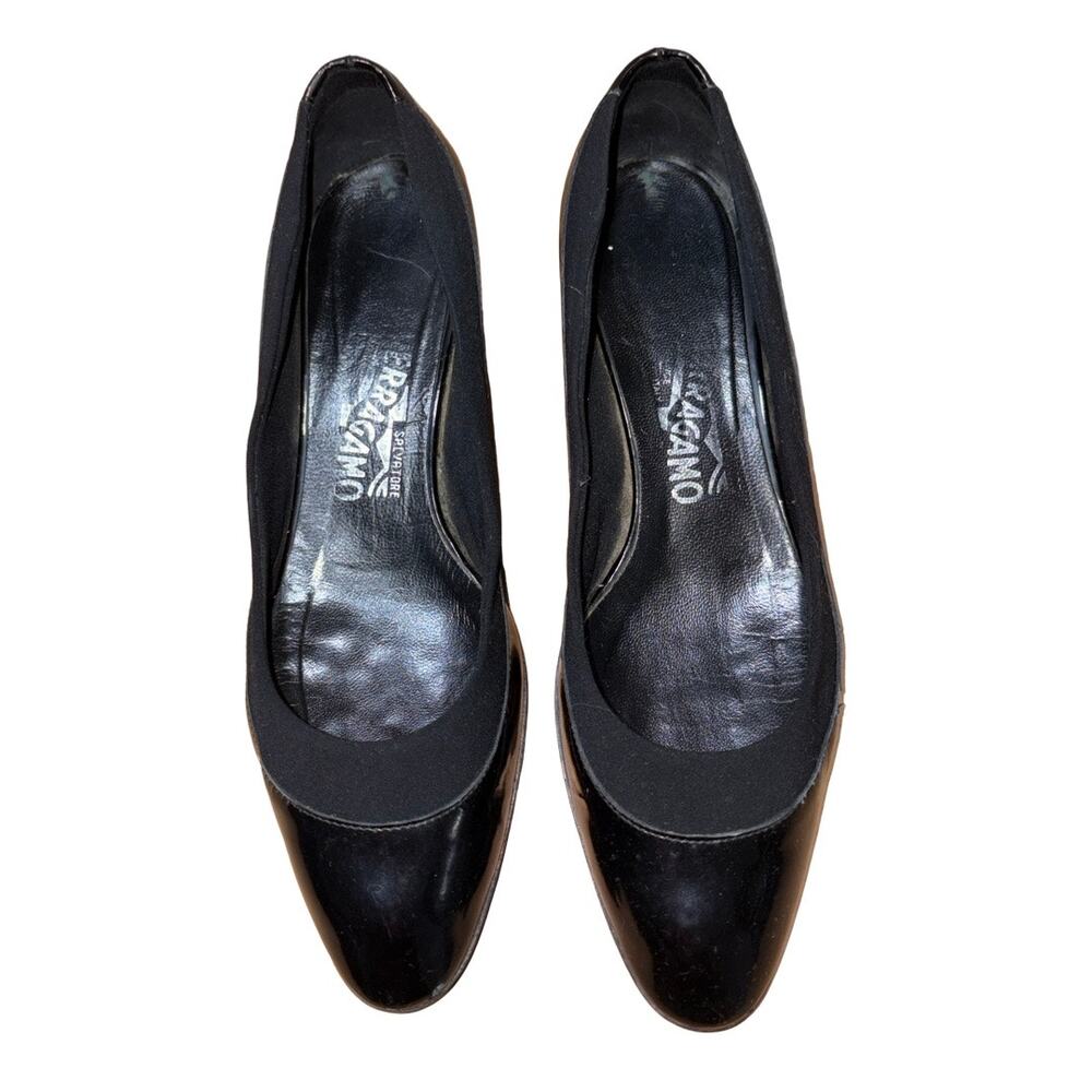 Salvatore Ferragamo Black Patent Leather Almond Toe Semi Wedge Pumps   Size: 6